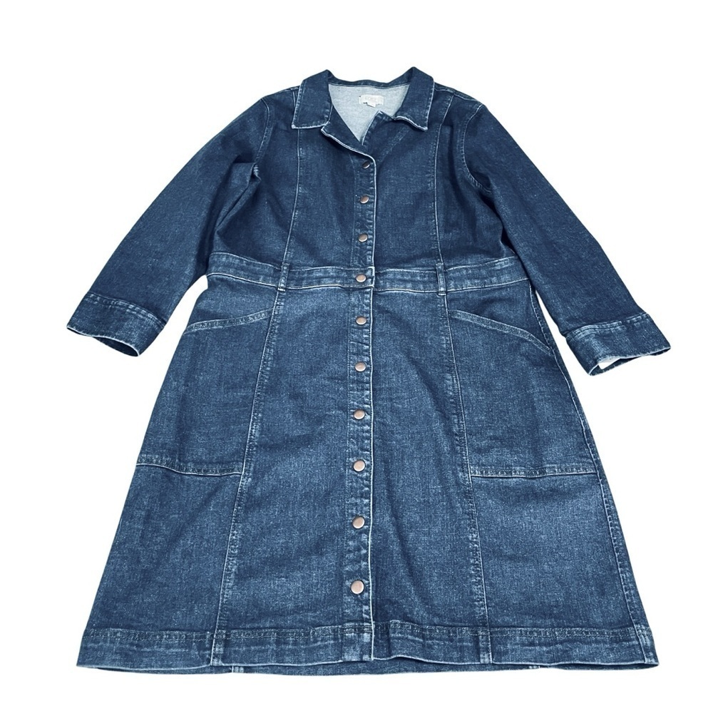 Ann Taylor Classic Dark Denim Button Front Dress Long Sleeve w/ Pockets Size 16 - Picture 6 of 14